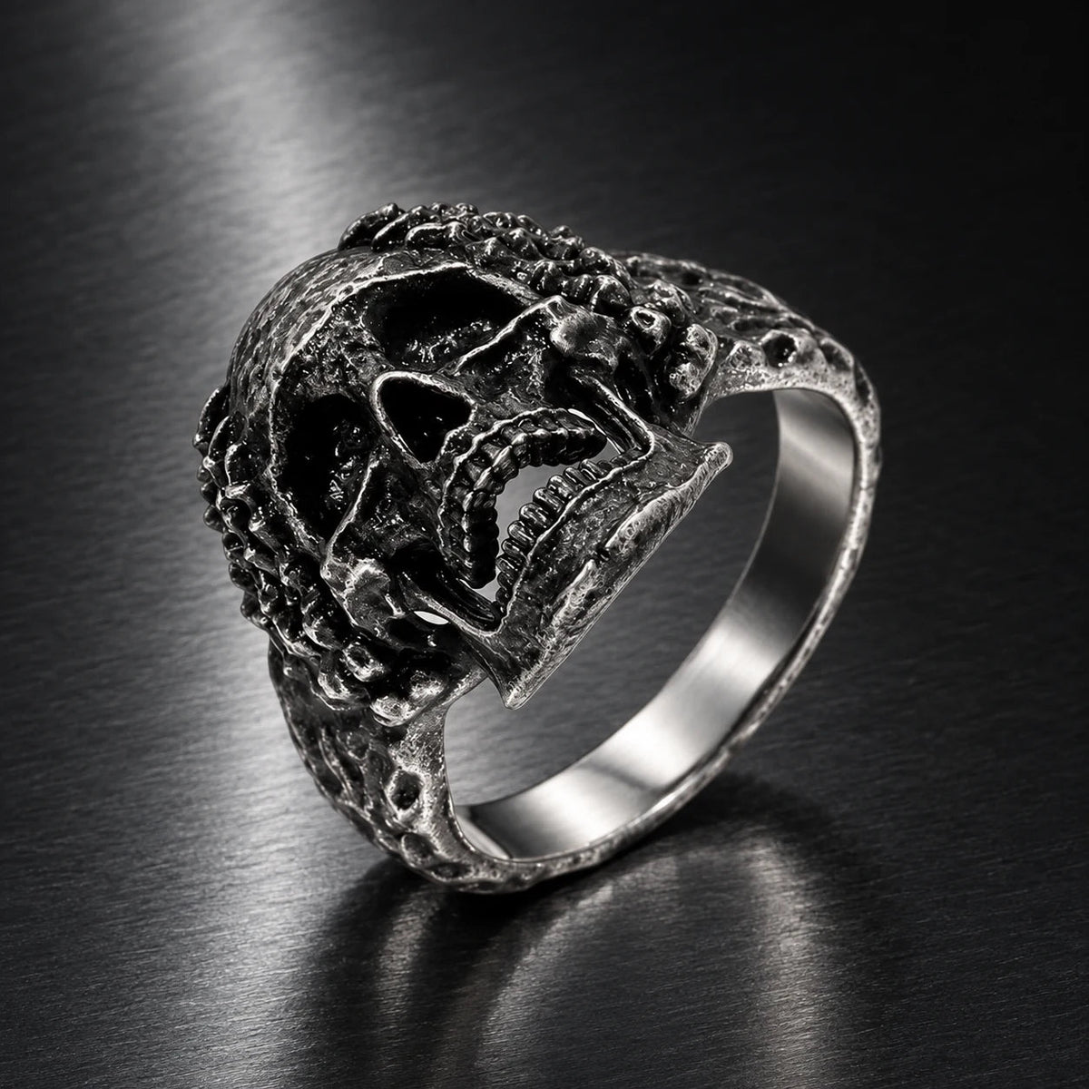 Grave Skull Ring — silver-tone product in a dark chrome studio setting