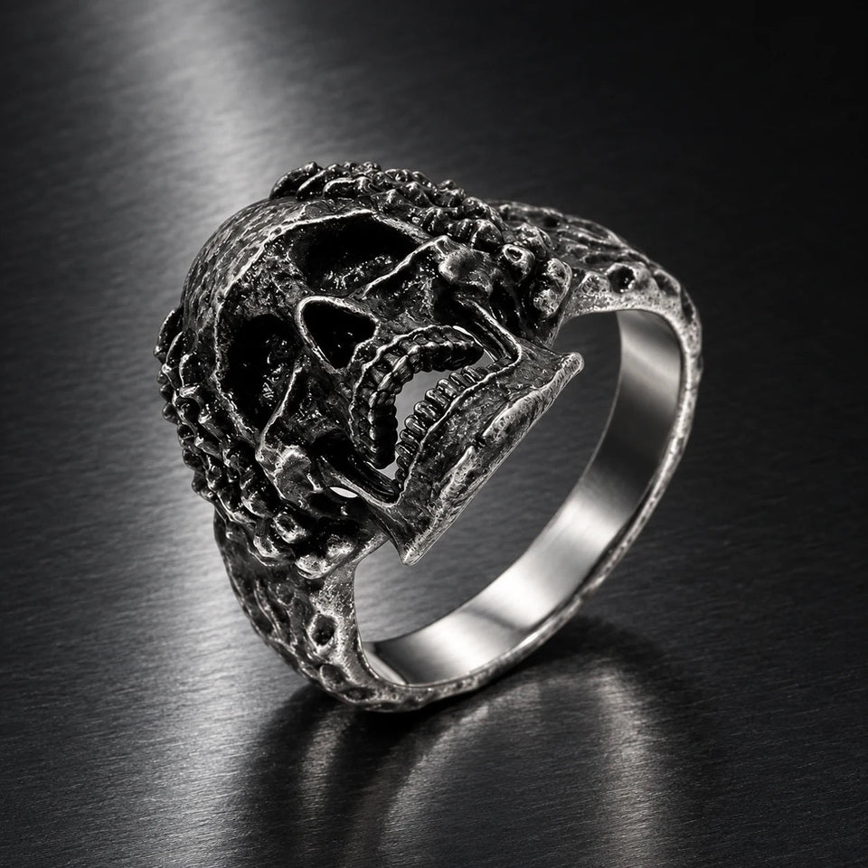 Grave Skull Ring — silver-tone product in a dark chrome studio setting