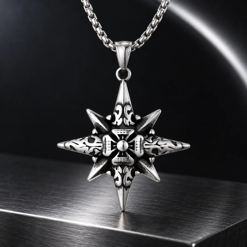 Vesper Cross Necklace — silver-tone product in a dark chrome studio setting