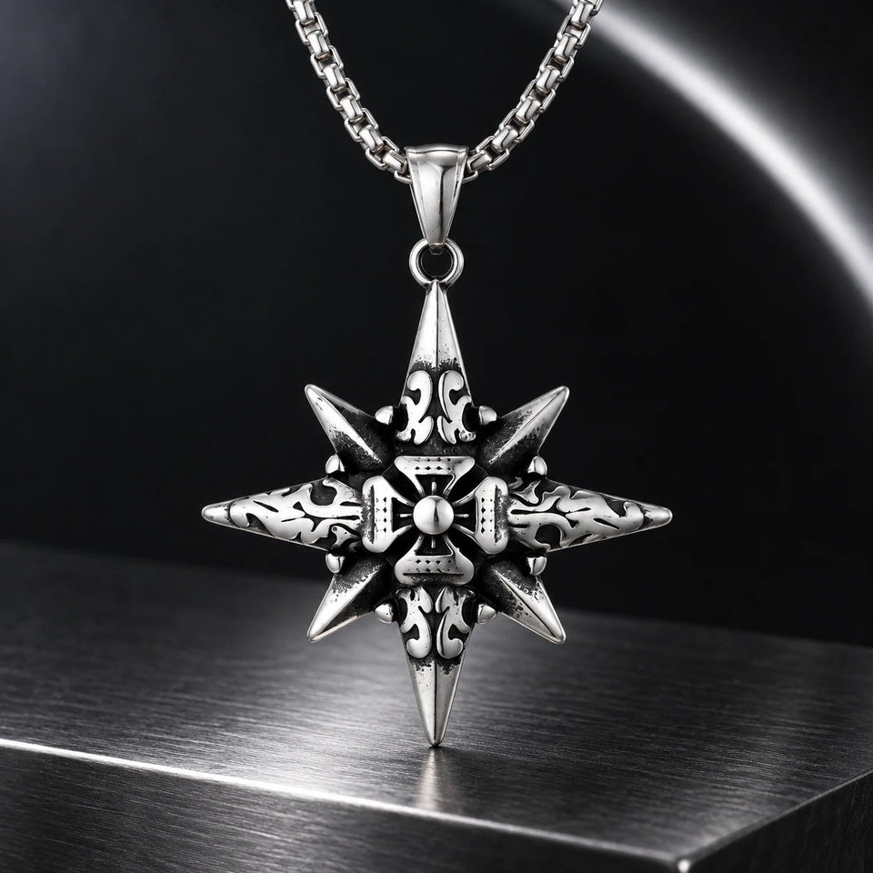 Vesper Cross Necklace — silver-tone product in a dark chrome studio setting