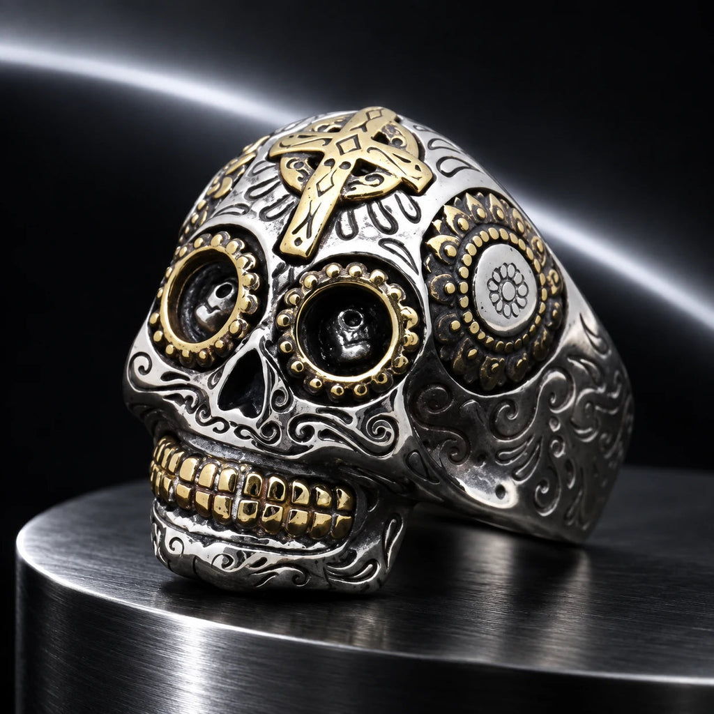 Cathedral Cross Ring — silver with gold-colour accents