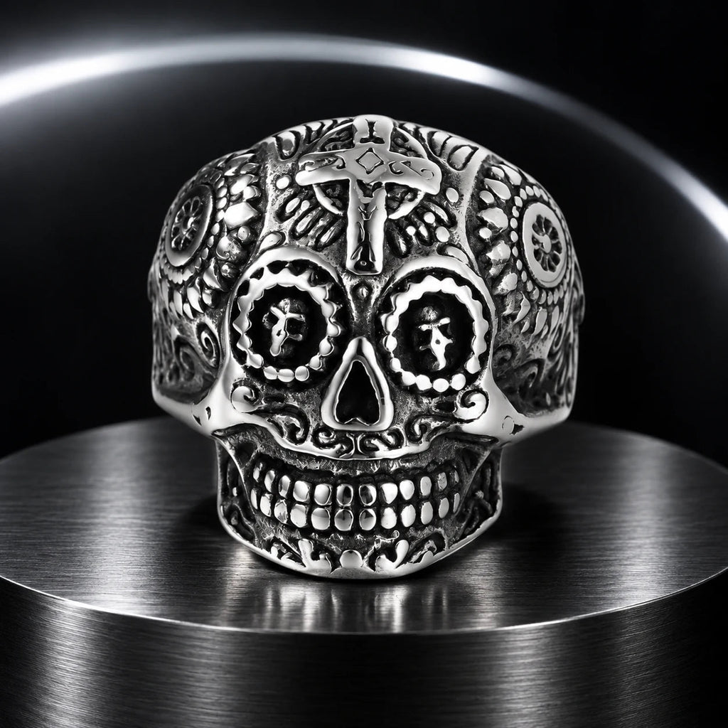 Cathedral Cross Ring — product in a dark chrome studio setting
