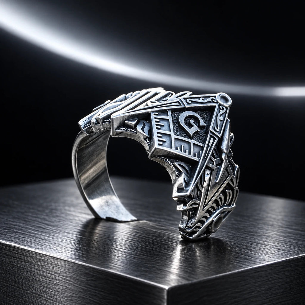 Order Signet Ring — product in a dark chrome studio setting