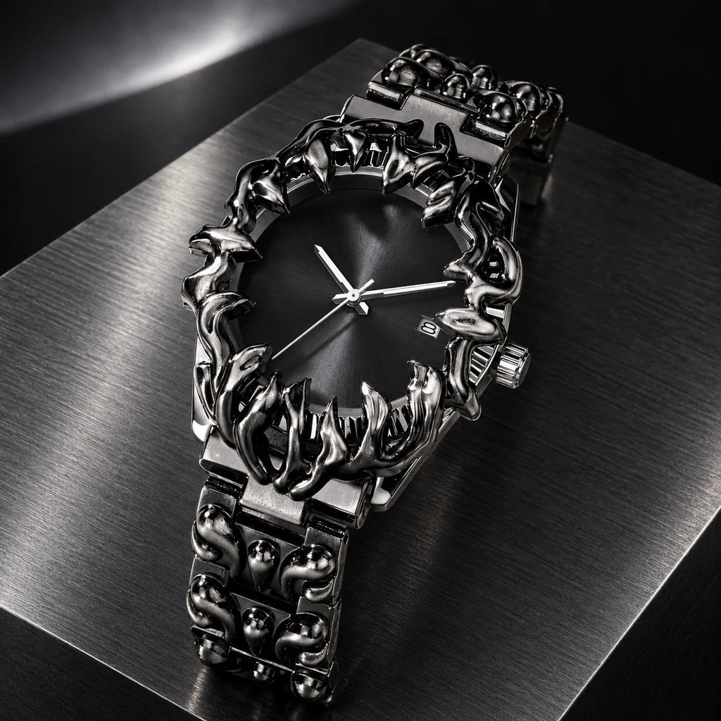 Thorn Watch — Black in a dark chrome studio setting