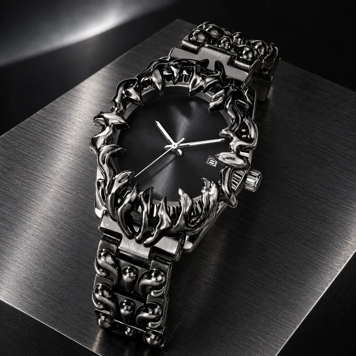 Thorn Watch — Black in a dark chrome studio setting