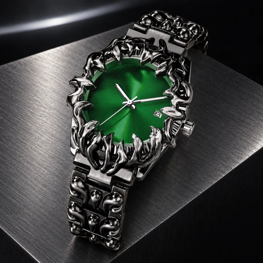 Thorn Watch — Green in a dark chrome studio setting