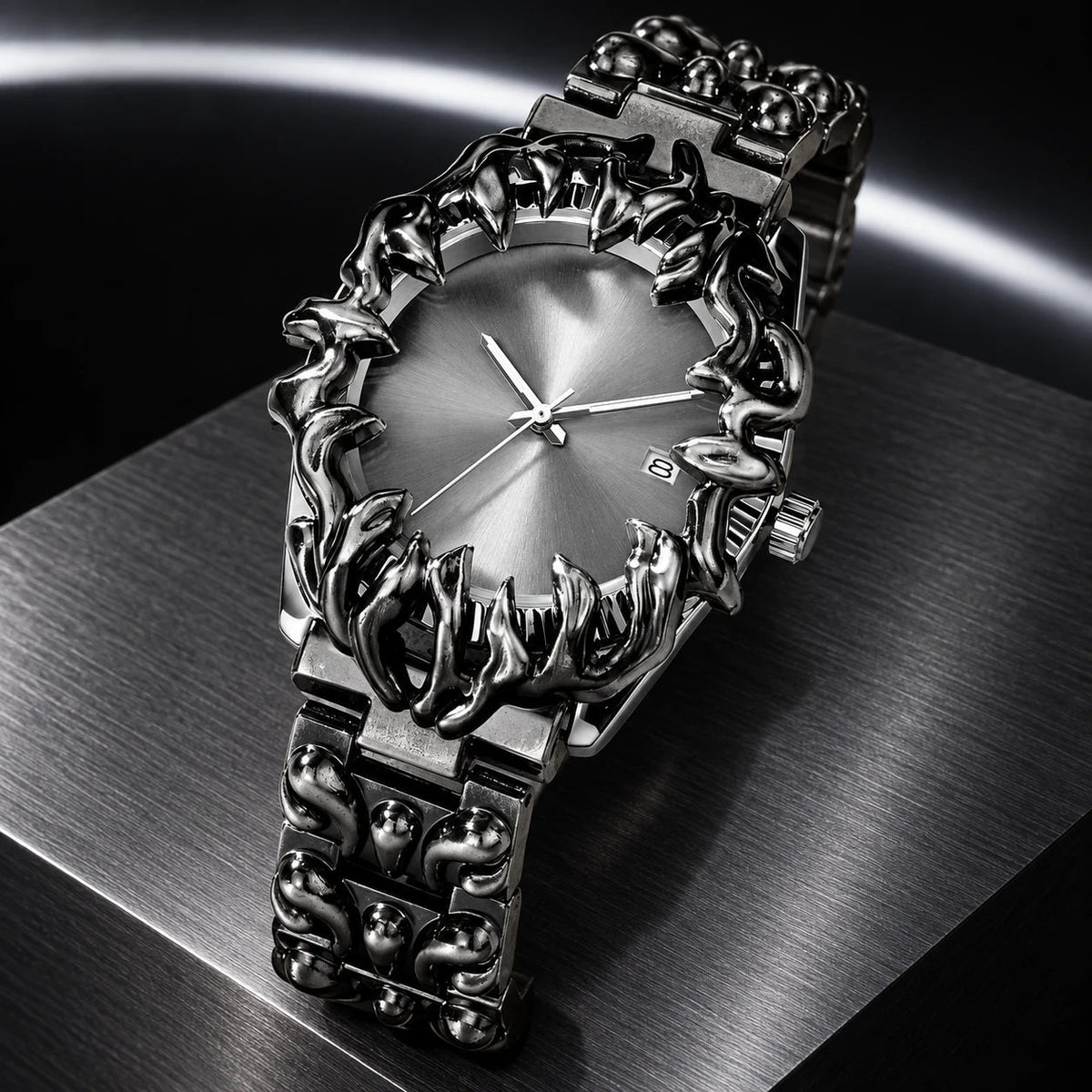 Thorn Watch — Silver in a dark chrome studio setting