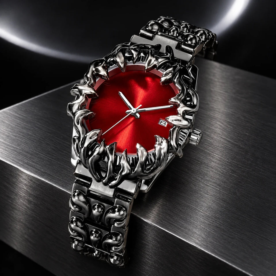 Thorn Watch — Red in a dark chrome studio setting