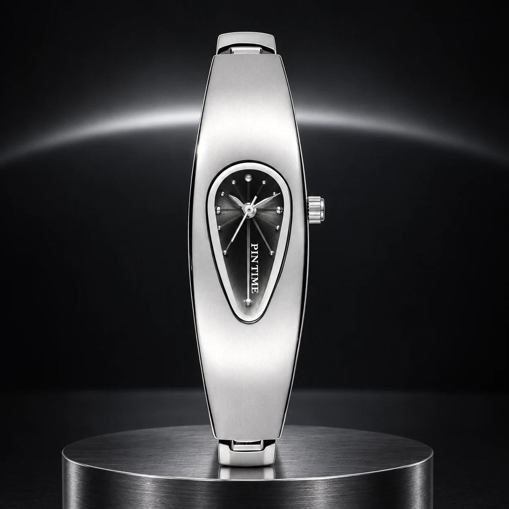 Liquid Drop Watch — Black in a dark chrome studio setting