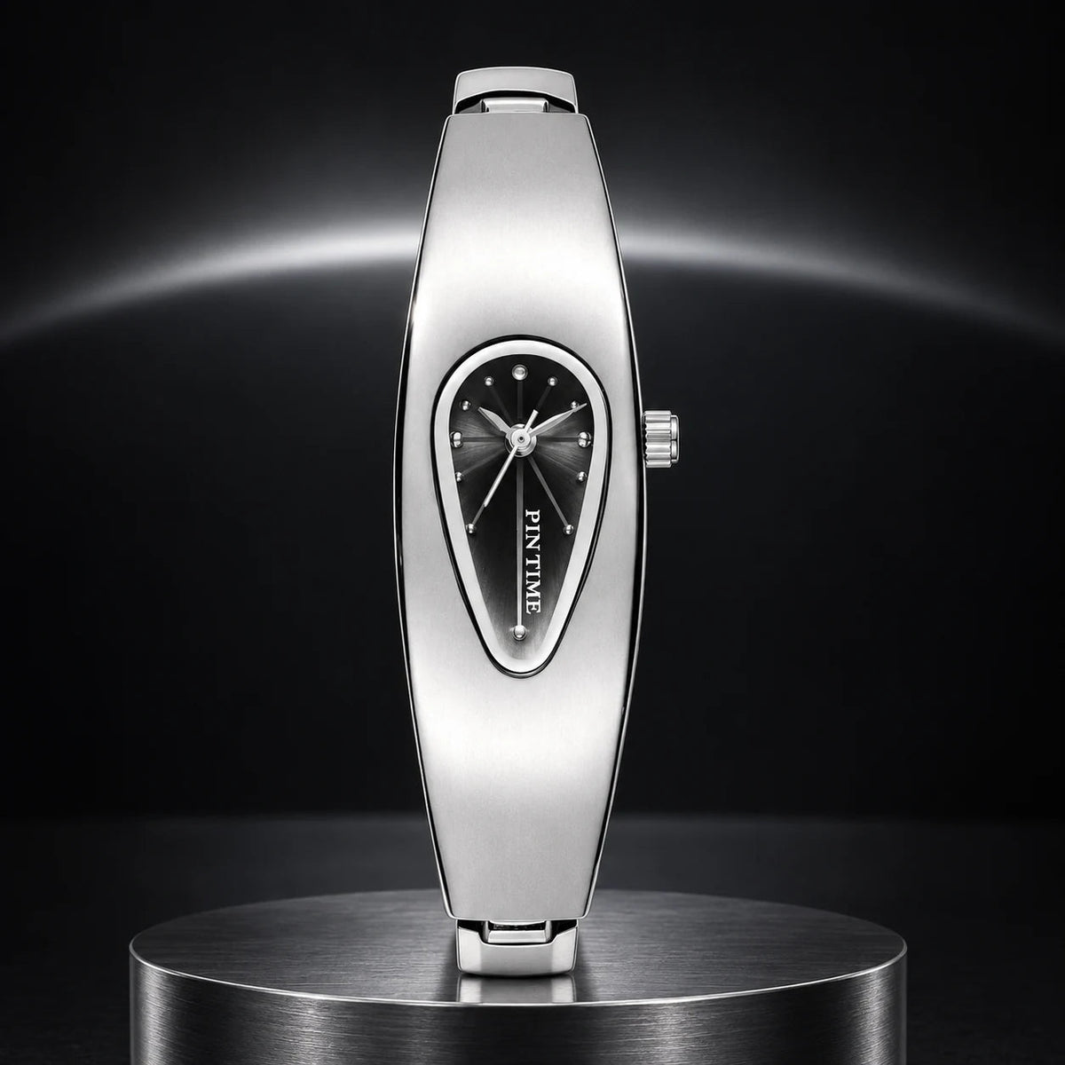 Liquid Drop Watch — Black in a dark chrome studio setting