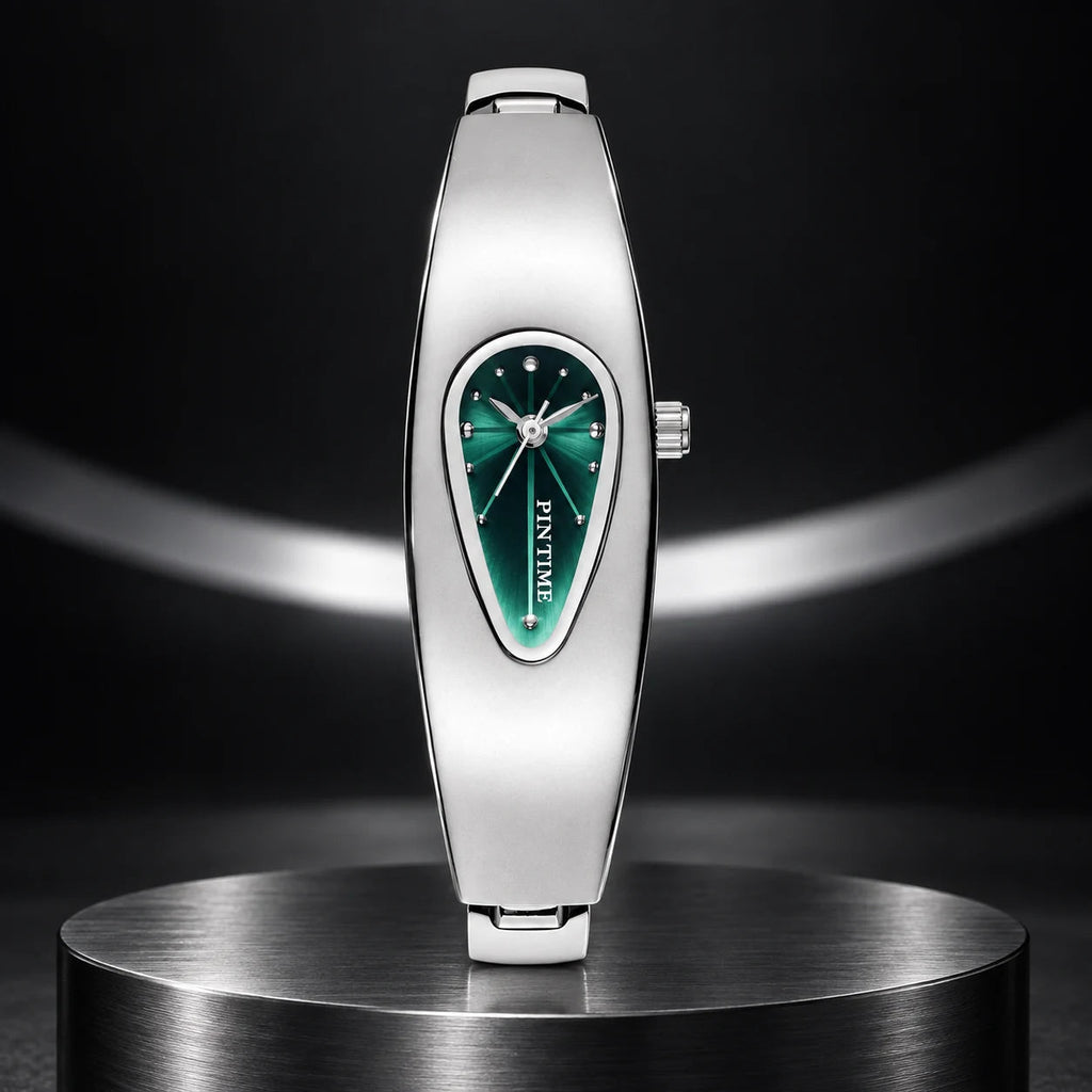 Liquid Drop Watch — Green in a dark chrome studio setting