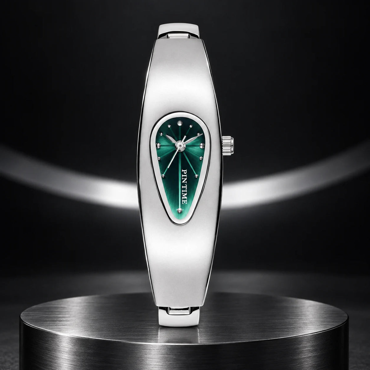 Liquid Drop Watch — Green in a dark chrome studio setting