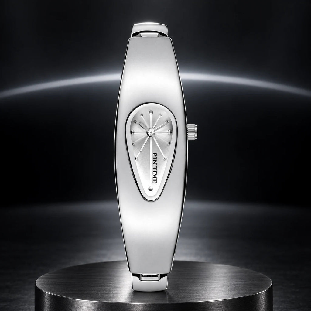 Liquid Drop Watch — Silver in a dark chrome studio setting
