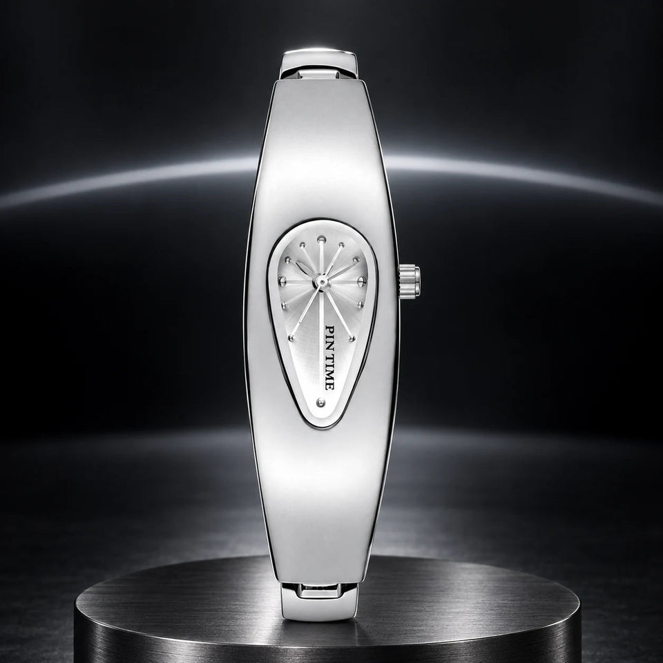 Liquid Drop Watch — Silver in a dark chrome studio setting