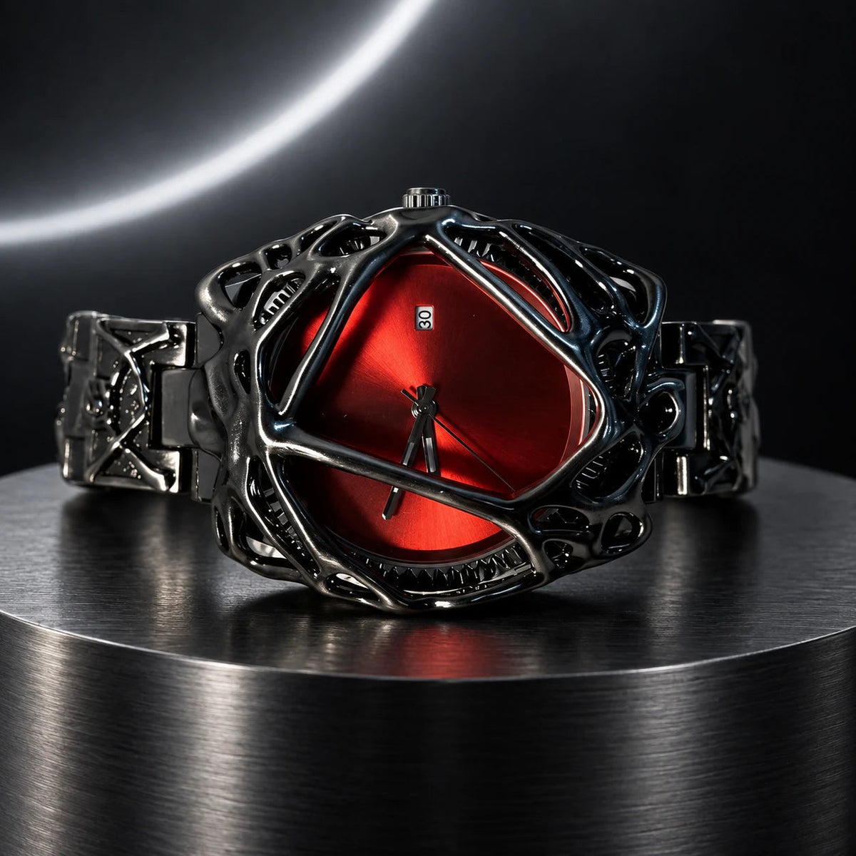 Spiderweb Watch — Black and Red in a dark chrome studio setting