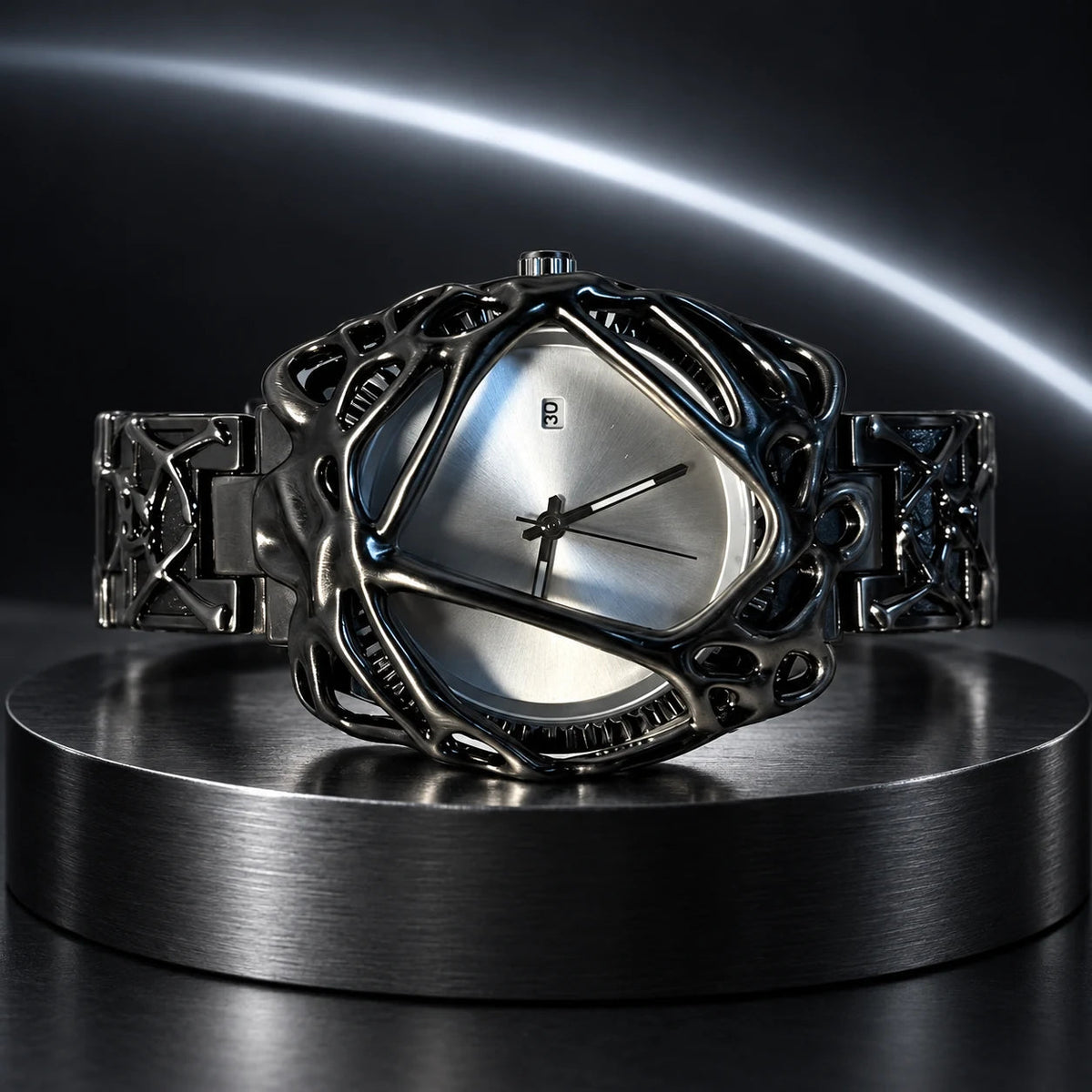 Spiderweb Watch — Black and White in a dark chrome studio setting