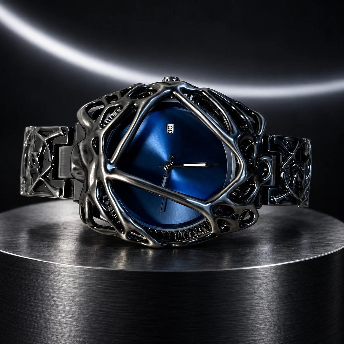 Spiderweb Watch — Dark Blue in a dark chrome studio setting