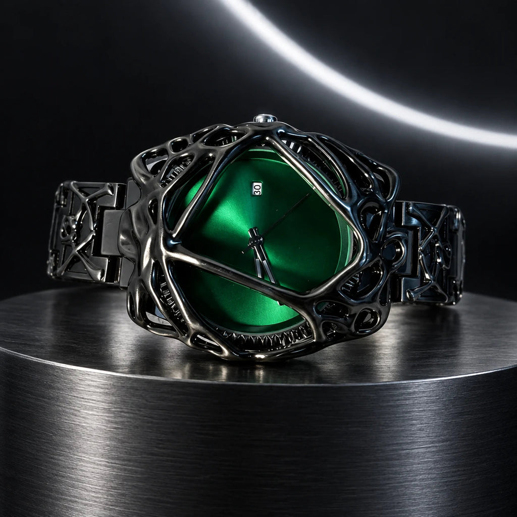 Spiderweb Watch — Dark Green in a dark chrome studio setting