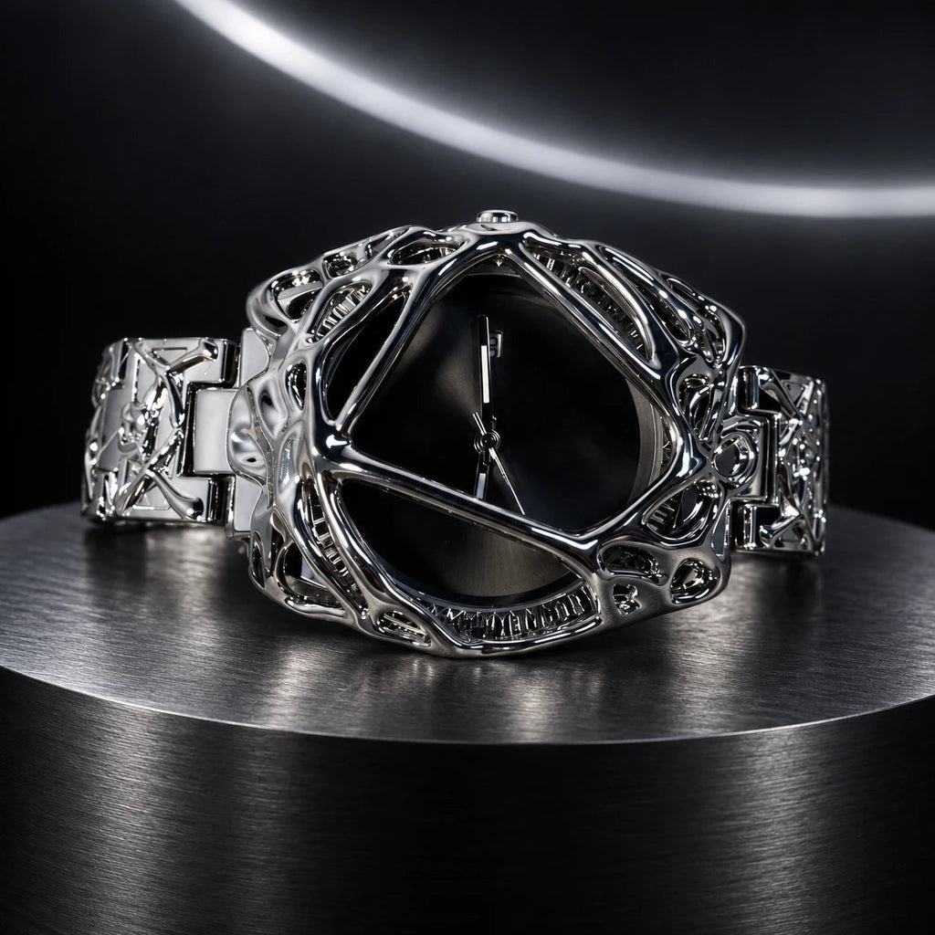 Spiderweb Watch — Silver Black in a dark chrome studio setting