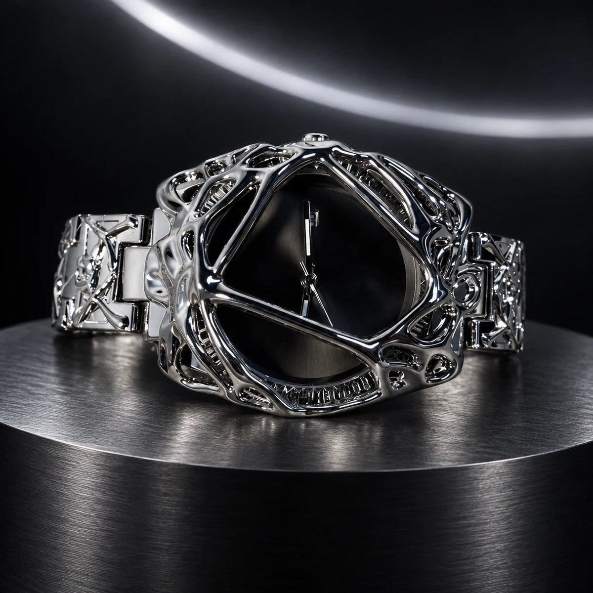 Spiderweb Watch — Silver Black in a dark chrome studio setting