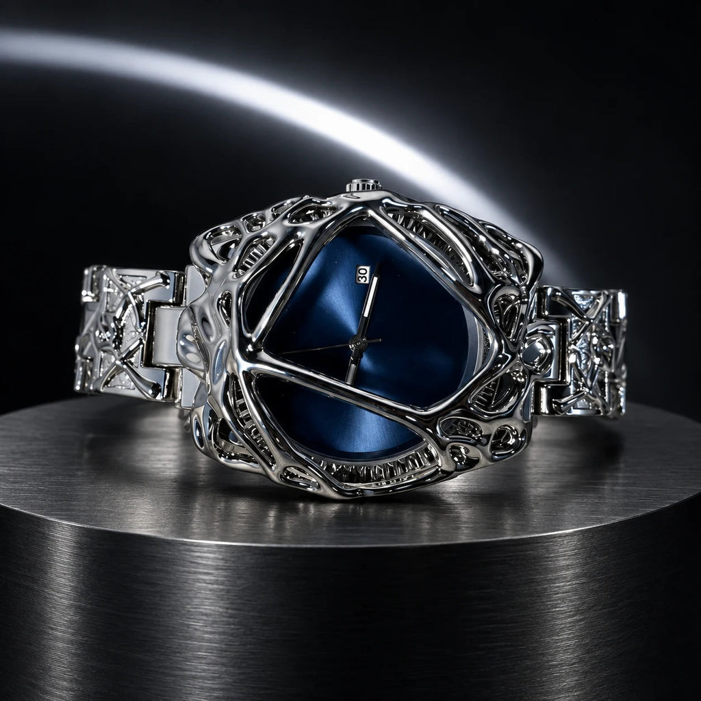 Spiderweb Watch — Silver Blue in a dark chrome studio setting