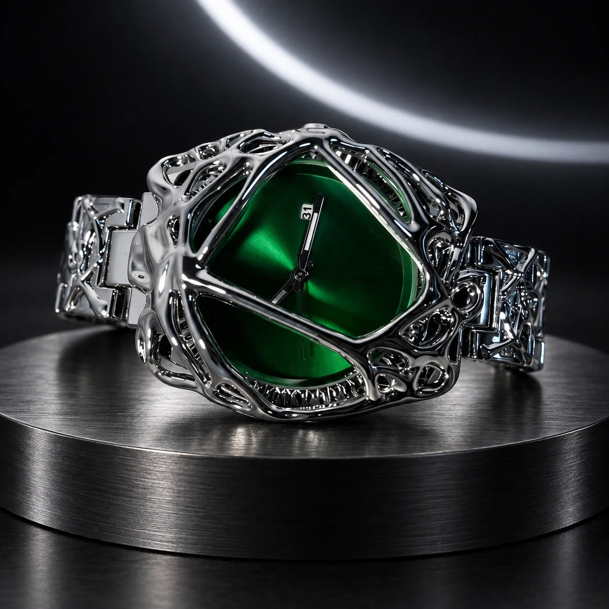 Spiderweb Watch — Silver Green in a dark chrome studio setting