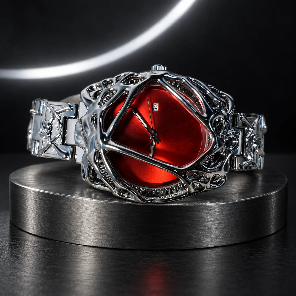 Spiderweb Watch — Silver Red in a dark chrome studio setting