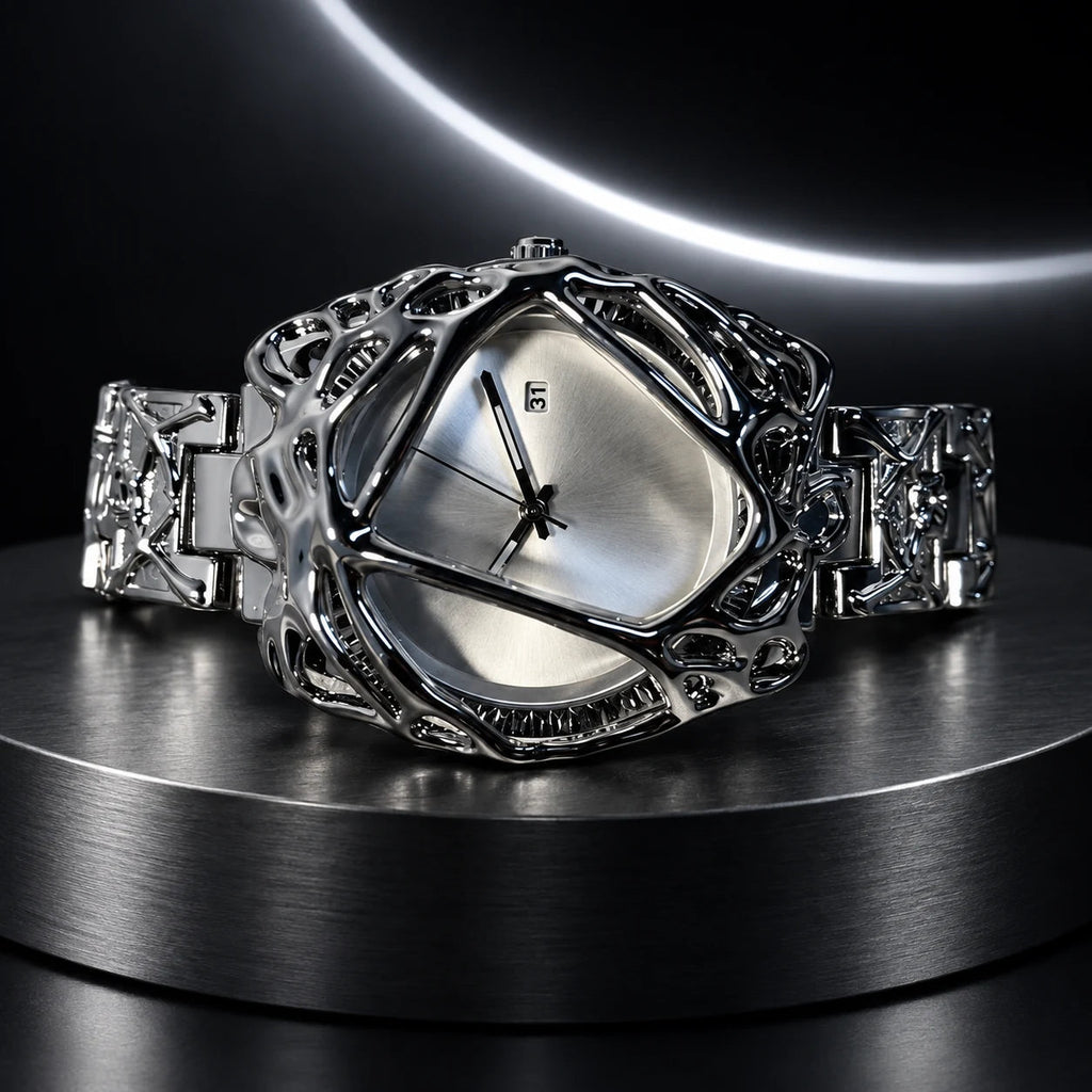 Spiderweb Watch — Silver in a dark chrome studio setting
