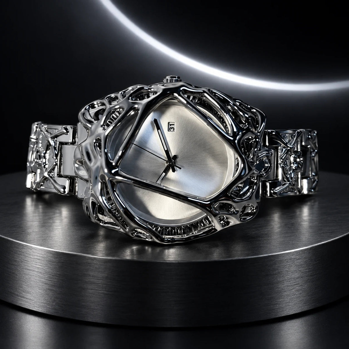 Spiderweb Watch — Silver in a dark chrome studio setting