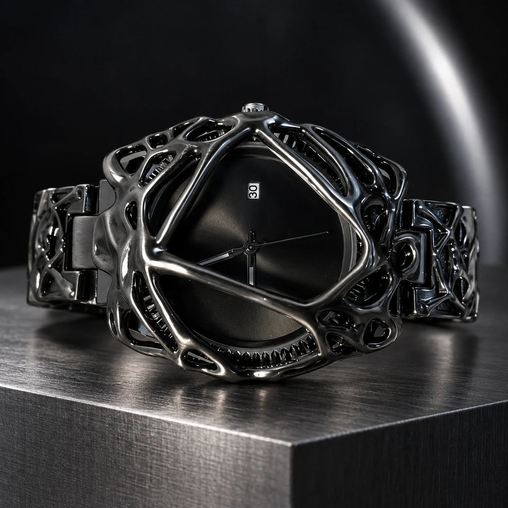 Spiderweb Watch — Black in a dark chrome studio setting