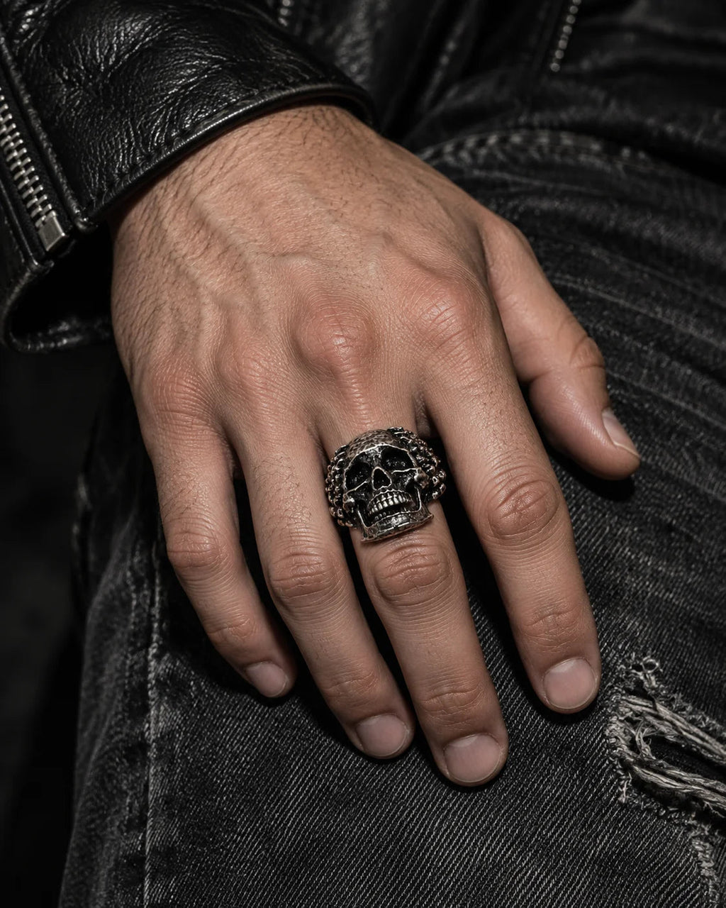 Grave Skull Ring — Worn editorial — Silver tone