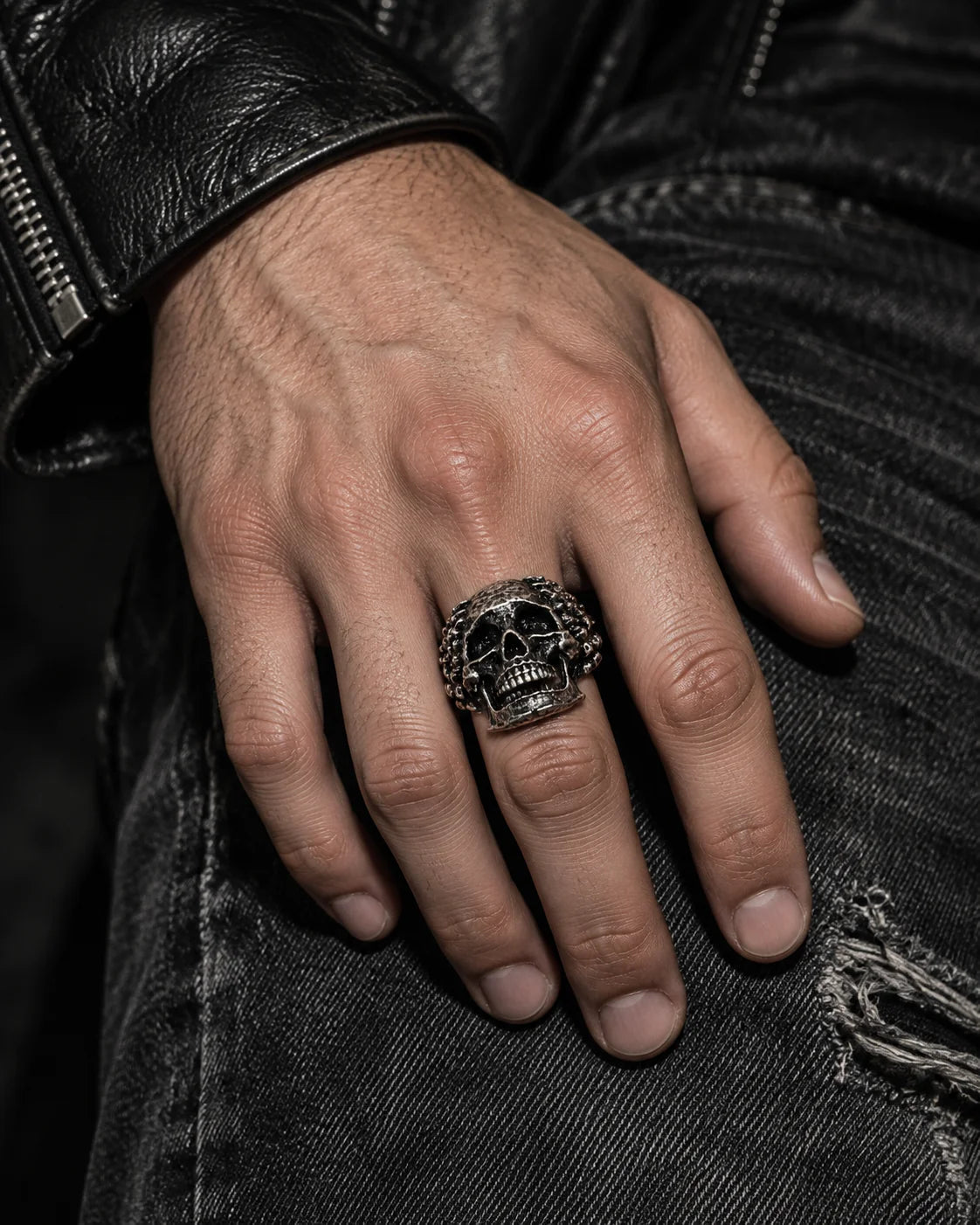 Grave Skull Ring — Worn editorial — Silver tone