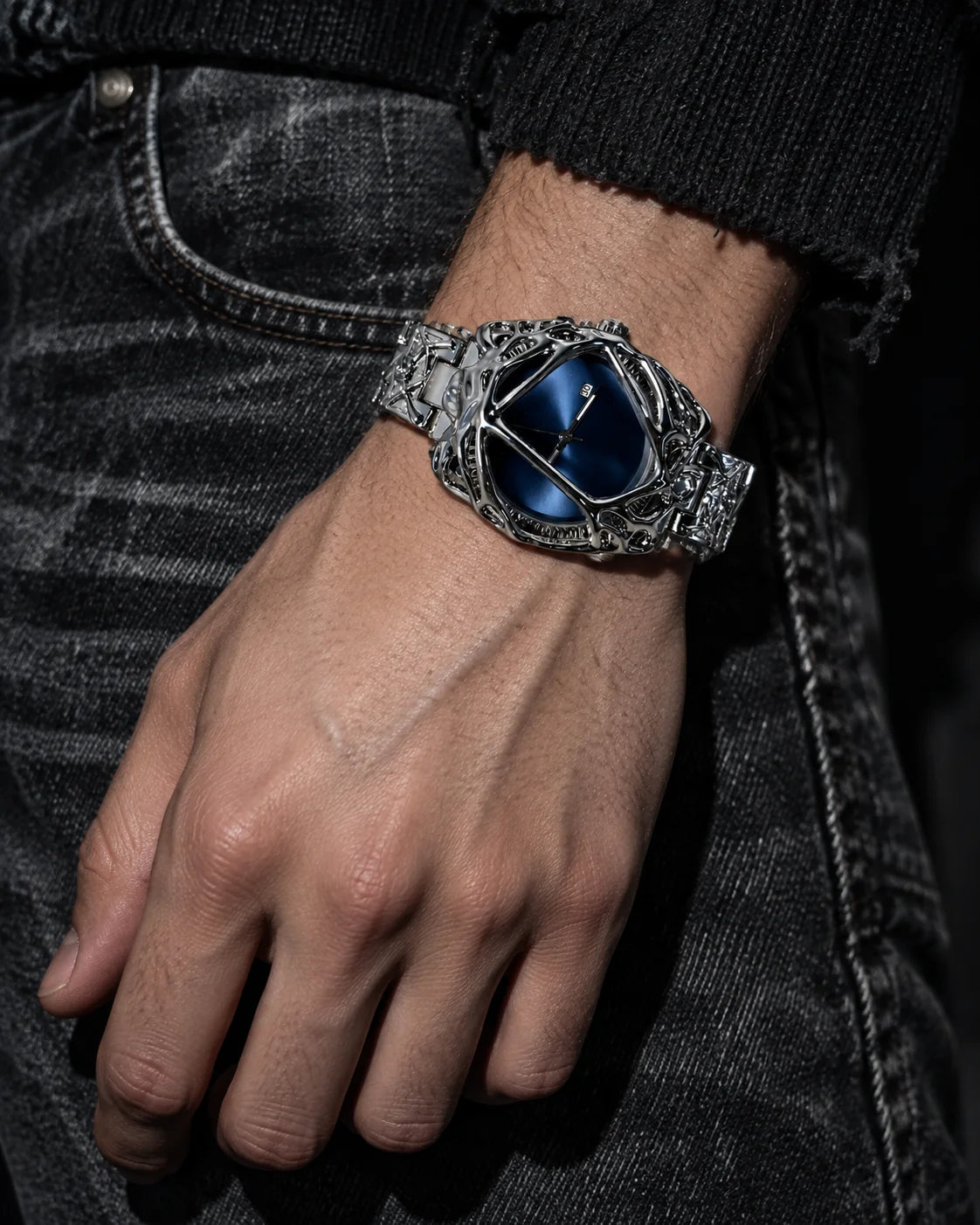 Spiderweb Watch — Worn editorial — Silver Blue