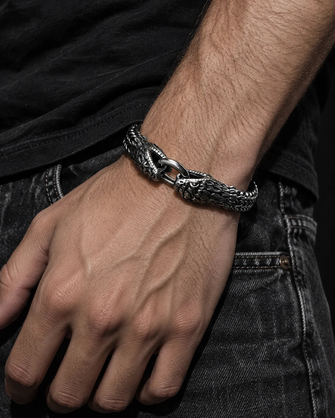 Twin Serpent Bracelet — Worn editorial — Dark silver tone