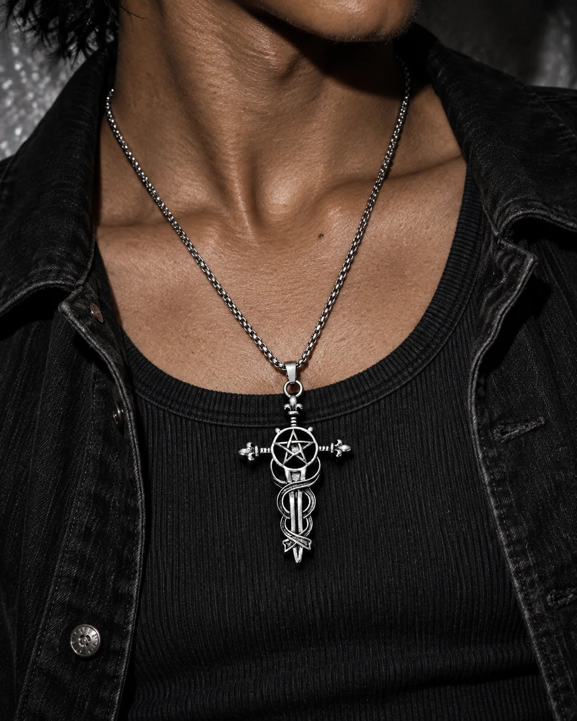 Venom Cross Necklace — Worn editorial — Silver tone