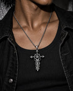 Venom Cross Necklace — Worn editorial — Silver tone