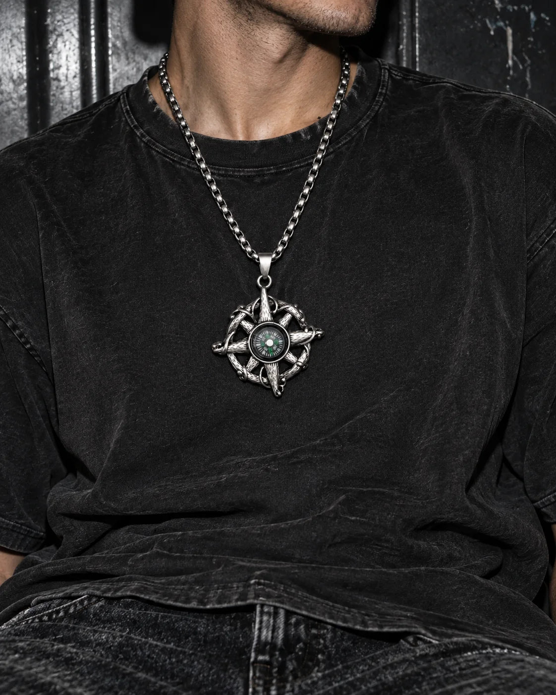 Wayfinder Compass Necklace — Worn editorial — Silver tone · 60 cm